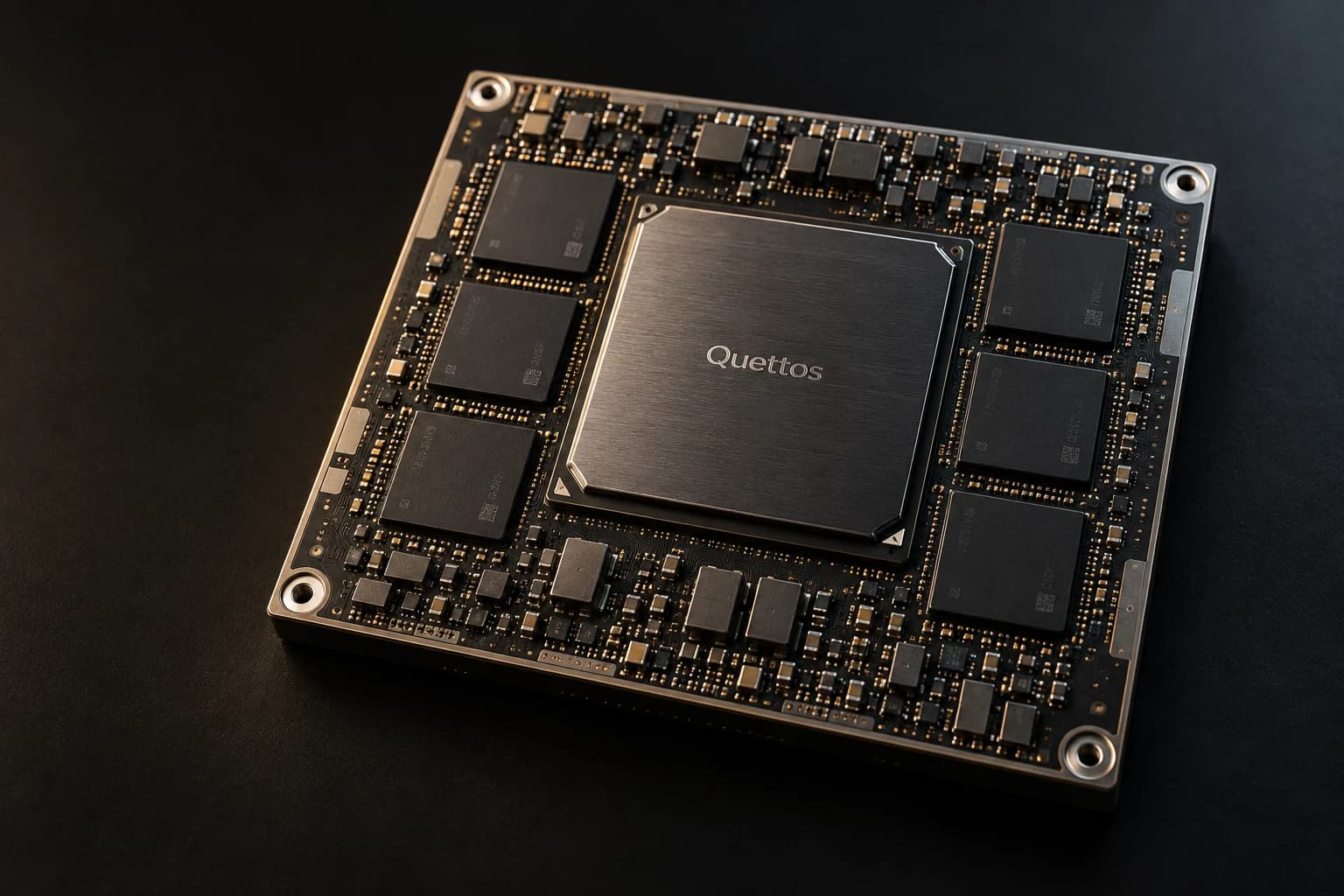 Quettos processor concept with a brushed graphite die, precision gold contacts, and surrounding memory packages